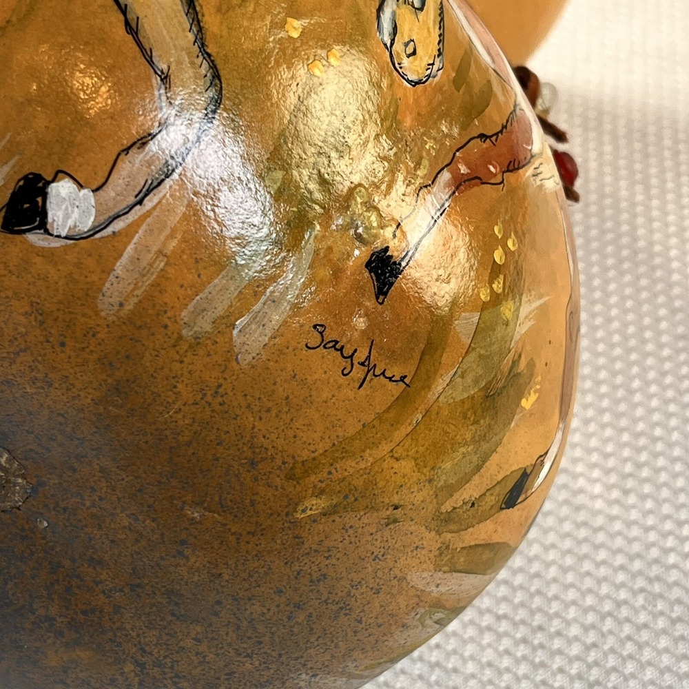 Hand Painted Horse Heads Gourd Art Pot Vase, Signed 10" tall - Picture 8 of 11